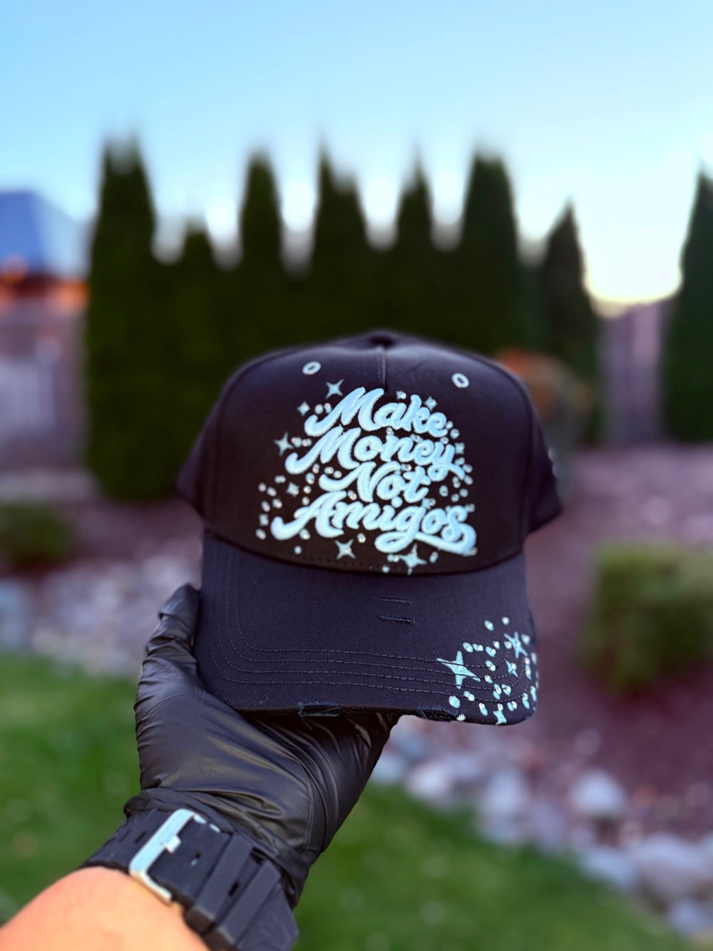 Make Money Not Amigos Black Cap with Aqua Script - Unbranded